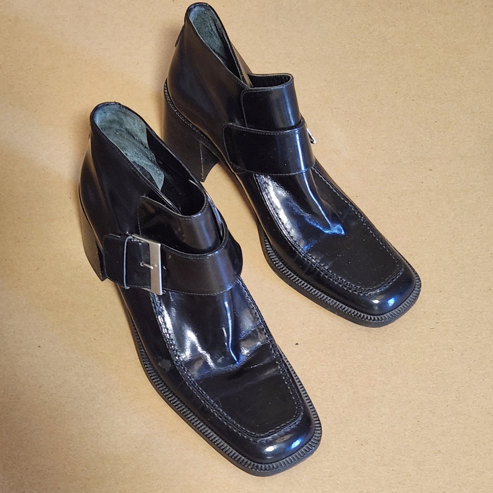 Y2K VS by Valentina Bozhilo Black Chunky Heel Boots W/Buckle Sz 8 Made In Italy